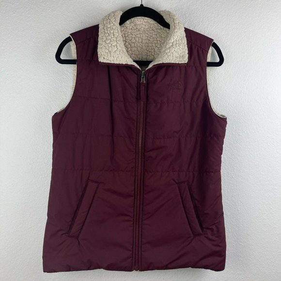 The North Face Vest Women's S Reversible Puffer Sherpa Fleece Full Zip Red White - Picture 3 of 11